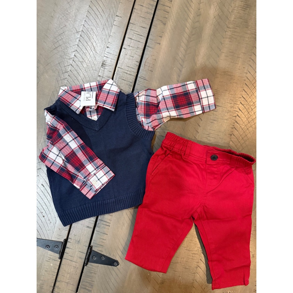 The Children's Place Boys 3pc Plaid Shirt Sweater Vest/Pants Set 3-6 Months NEW